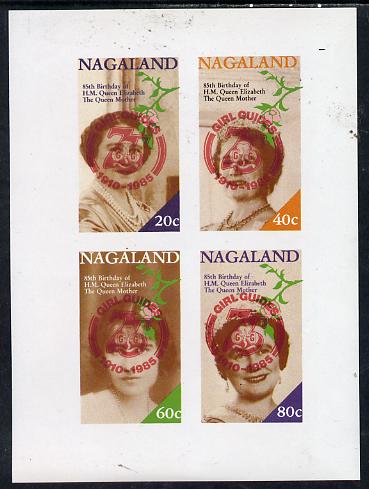 Nagaland 1985 Life & Times of HM Queen Mother imperf set of 4 with Girl Guide 75th Anniversary opt in red unmounted mint, stamps on , stamps on  stamps on scouts, stamps on  stamps on royalty, stamps on  stamps on queen mother