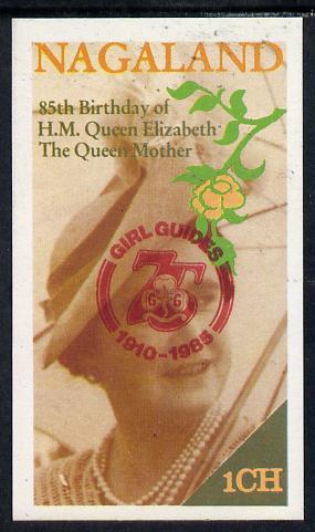 Nagaland 1985 Life & Times of HM Queen Mother imperf souvenir sheet (1ch value) with Girl Guide 75th Anniversary opt in red unmounted mint, stamps on scouts, stamps on royalty, stamps on queen mother