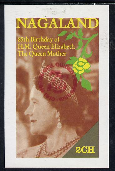 Nagaland 1985 Life & Times of HM Queen Mother imperf deluxe sheet (2ch value) with Girl Guide 75th Anniversary opt in red unmounted mint, stamps on , stamps on  stamps on scouts, stamps on  stamps on royalty, stamps on  stamps on queen mother