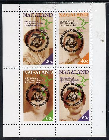 Nagaland 1985 Life & Times of HM Queen Mother perf set of 4 with Girl Guide 75th Anniversary opt in black unmounted mint, stamps on , stamps on  stamps on scouts, stamps on  stamps on royalty, stamps on  stamps on queen mother