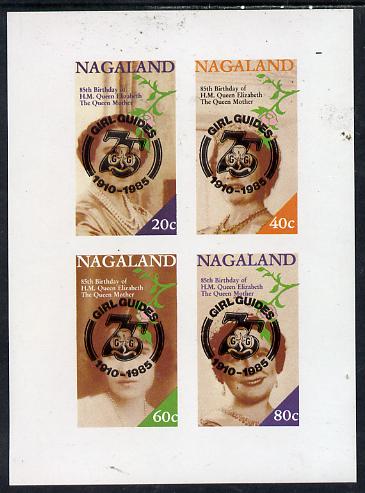 Nagaland 1985 Life & Times of HM Queen Mother imperf set of 4 with Girl Guide 75th Anniversary opt in black unmounted mint, stamps on , stamps on  stamps on scouts, stamps on  stamps on royalty, stamps on  stamps on queen mother