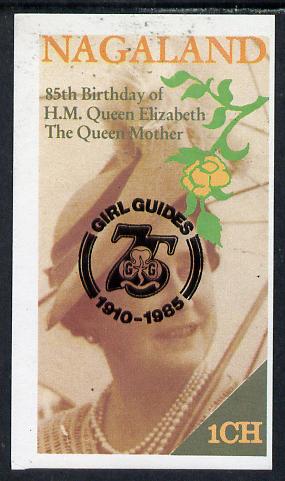 Nagaland 1985 Life & Times of HM Queen Mother imperf souvenir sheet (1ch value) with Girl Guide 75th Anniversary opt in black unmounted mint, stamps on , stamps on  stamps on scouts, stamps on  stamps on royalty, stamps on  stamps on queen mother