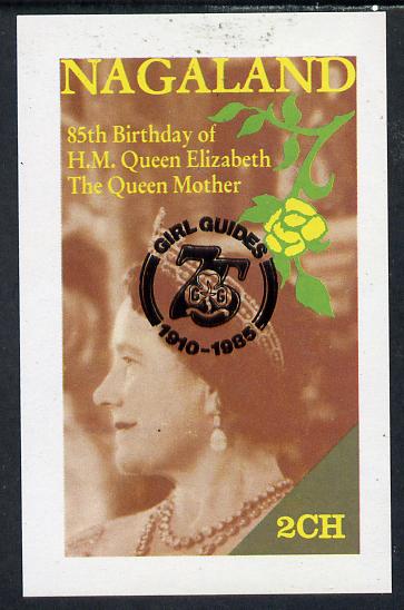 Nagaland 1985 Life & Times of HM Queen Mother imperf deluxe sheet (2ch value) with Girl Guide 75th Anniversary opt in black unmounted mint, stamps on , stamps on  stamps on scouts, stamps on  stamps on royalty, stamps on  stamps on queen mother