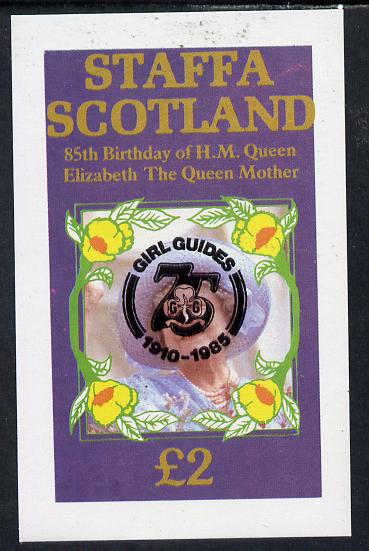 Staffa 1985 Life & Times of HM Queen Mother imperf deluxe sheet (Â£2 value) with Girl Guide 75th Anniversary opt in black unmounted mint, stamps on , stamps on  stamps on scouts, stamps on  stamps on royalty, stamps on  stamps on queen mother