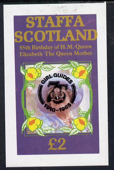 Staffa 1985 Life & Times of HM Queen Mother imperf deluxe sheet (£2 value) with Girl Guide 75th Anniversary opt in black unmounted mint, stamps on scouts, stamps on royalty, stamps on queen mother
