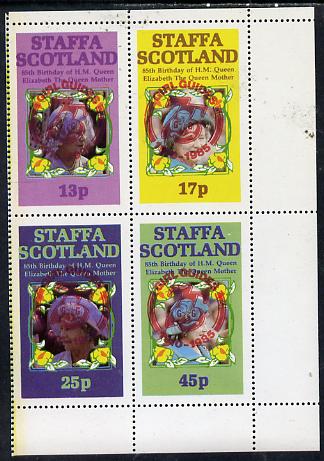 Staffa 1985 Life & Times of HM Queen Mother perf set of 4 with Girl Guide 75th Anniversary opt in red unmounted mint, stamps on scouts, stamps on royalty, stamps on queen mother