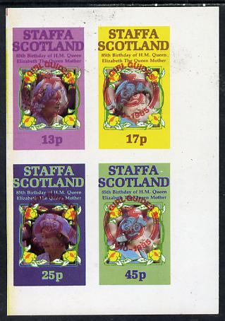 Staffa 1985 Life & Times of HM Queen Mother imperf set of 4 with Girl Guide 75th Anniversary opt in red unmounted mint, stamps on , stamps on  stamps on scouts, stamps on  stamps on royalty, stamps on  stamps on queen mother