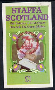 Staffa 1985 Life & Times of HM Queen Mother imperf souvenir sheet (Â£1 value) with Girl Guide 75th Anniversary opt in red unmounted mint, stamps on , stamps on  stamps on scouts, stamps on  stamps on royalty, stamps on  stamps on queen mother