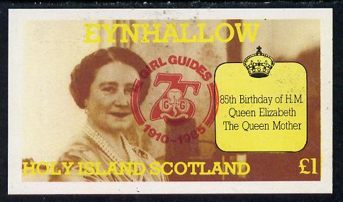 Eynhallow 1985 Life & Times of HM Queen Mother imperf souvenir sheet (£1 value) with Girl Guide 75th Anniversary opt in red unmounted mint, stamps on scouts, stamps on royalty, stamps on queen mother