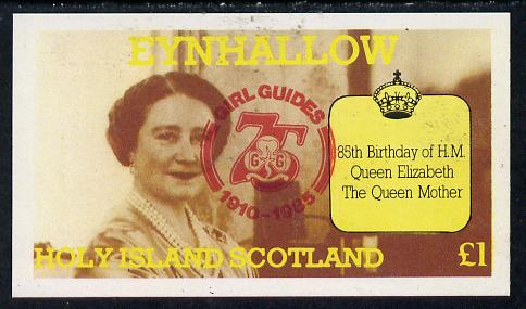 Eynhallow 1985 Life & Times of HM Queen Mother imperf souvenir sheet (Â£1 value) with Girl Guide 75th Anniversary opt in red unmounted mint, stamps on scouts, stamps on royalty, stamps on queen mother