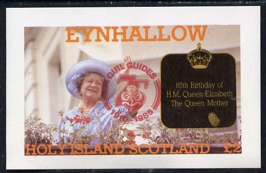 Eynhallow 1985 Life & Times of HM Queen Mother imperf deluxe sheet (£2 value) with Girl Guide 75th Anniversary opt in red unmounted mint, stamps on scouts, stamps on royalty, stamps on queen mother