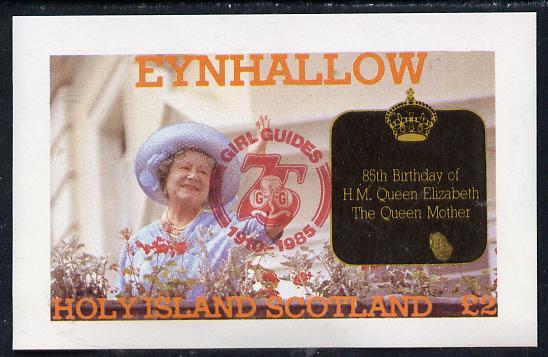 Eynhallow 1985 Life & Times of HM Queen Mother imperf deluxe sheet (Â£2 value) with Girl Guide 75th Anniversary opt in red unmounted mint, stamps on , stamps on  stamps on scouts, stamps on  stamps on royalty, stamps on  stamps on queen mother