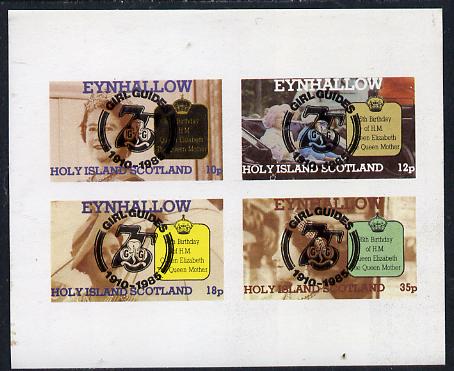 Eynhallow 1985 Life & Times of HM Queen Mother imperf set of 4 with Girl Guide 75th Anniversary opt in black unmounted mint, stamps on , stamps on  stamps on scouts, stamps on  stamps on royalty, stamps on  stamps on queen mother