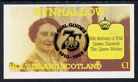 Eynhallow 1985 Life & Times of HM Queen Mother imperf souvenir sheet (£1 value) with Girl Guide 75th Anniversary opt in black unmounted mint, stamps on scouts, stamps on royalty, stamps on queen mother