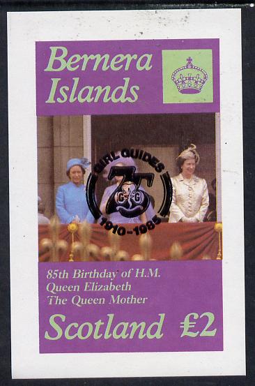 Bernera 1985 Life & Times of HM Queen Mother imperf deluxe sheet (£2 value) with Girl Guide 75th Anniversary opt in black unmounted mint, stamps on scouts, stamps on royalty, stamps on queen mother