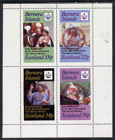 Bernera 1985 Life & Times of HM Queen Mother perf set of 4 with Girl Guide 75th Anniversary opt in red unmounted mint, stamps on scouts, stamps on royalty, stamps on queen mother
