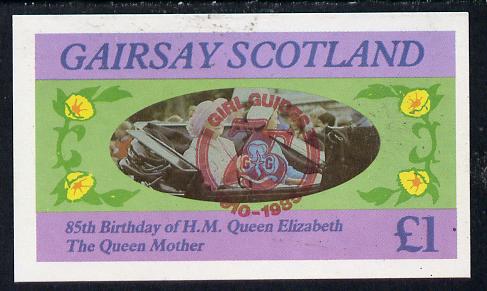 Gairsay 1985 Life & Times of HM Queen Mother imperf souvenir sheet (£1 value) with Girl Guide 75th Anniversary opt in red unmounted mint, stamps on scouts, stamps on royalty, stamps on queen mother