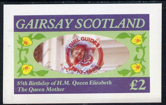 Gairsay 1985 Life & Times of HM Queen Mother imperf deluxe sheet (£2 value) with Girl Guide 75th Anniversary opt in red, unmounted mint, stamps on scouts, stamps on royalty, stamps on queen mother