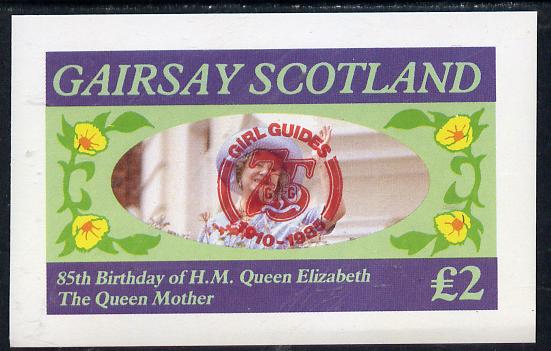 Gairsay 1985 Life & Times of HM Queen Mother imperf deluxe sheet (Â£2 value) with Girl Guide 75th Anniversary opt in red, unmounted mint, stamps on , stamps on  stamps on scouts, stamps on  stamps on royalty, stamps on  stamps on queen mother