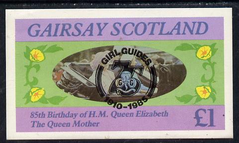 Gairsay 1985 Life & Times of HM Queen Mother imperf souvenir sheet (£1 value) with Girl Guide 75th Anniversary opt in black unmounted mint, stamps on scouts, stamps on royalty, stamps on queen mother