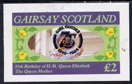 Gairsay 1985 Life & Times of HM Queen Mother imperf deluxe sheet (Â£2 value) with Girl Guide 75th Anniversary opt in black unmounted mint, stamps on , stamps on  stamps on scouts, stamps on  stamps on royalty, stamps on  stamps on queen mother