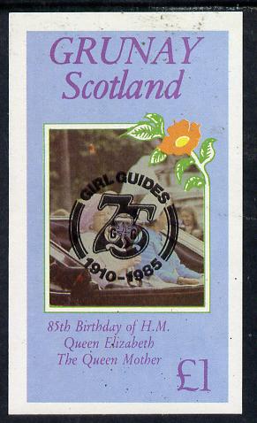 Grunay 1985 Life & Times of HM Queen Mother imperf souvenir sheet (£1 value) with Girl Guide 75th Anniversary opt in black unmounted mint, stamps on , stamps on  stamps on scouts, stamps on  stamps on royalty, stamps on  stamps on queen mother