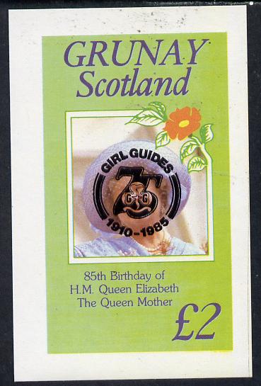 Grunay 1985 Life & Times of HM Queen Mother imperf deluxe sheet (Â£2 value) with Girl Guide 75th Anniversary opt in black unmounted mint, stamps on , stamps on  stamps on scouts, stamps on  stamps on royalty, stamps on  stamps on queen mother