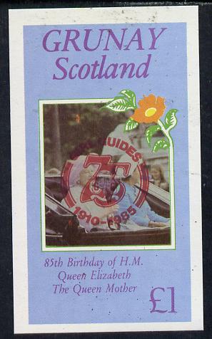 Grunay 1985 Life & Times of HM Queen Mother imperf souvenir sheet (£1 value) with Girl Guide 75th Anniversary opt in red unmounted mint, stamps on scouts, stamps on royalty, stamps on queen mother
