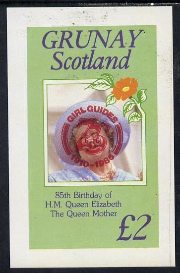 Grunay 1985 Life & Times of HM Queen Mother imperf deluxe sheet (Â£2 value) with Girl Guide 75th Anniversary opt in red unmounted mint, stamps on , stamps on  stamps on scouts, stamps on  stamps on royalty, stamps on  stamps on queen mother