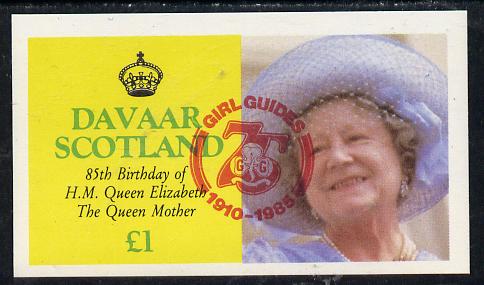 Davaar Island 1985 Life & Times of HM Queen Mother imperf souvenir sheet (£1 value) with Girl Guide 75th Anniversary opt in red unmounted mint, stamps on scouts, stamps on royalty, stamps on queen mother
