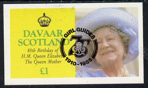 Davaar Island 1985 Life & Times of HM Queen Mother imperf souvenir sheet (£1 value) with Girl Guide 75th Anniversary opt in black unmounted mint, stamps on scouts, stamps on royalty, stamps on queen mother