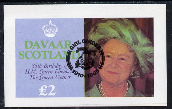 Davaar Island 1985 Life & Times of HM Queen Mother imperf deluxe sheet (Â£2 value) with Girl Guide 75th Anniversary opt in blackunmounted mint, stamps on , stamps on  stamps on scouts, stamps on  stamps on royalty, stamps on  stamps on queen mother