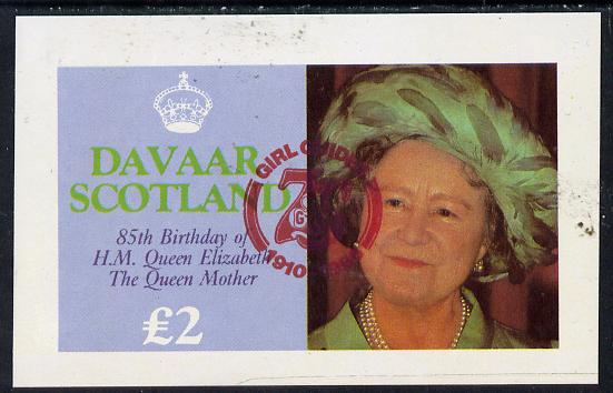 Davaar Island 1985 Life & Times of HM Queen Mother imperf deluxe sheet (Â£2 value) with Girl Guide 75th Anniversary opt in red unmounted mint, stamps on , stamps on  stamps on scouts, stamps on  stamps on royalty, stamps on  stamps on queen mother