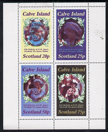 Calve Island 1985 Life & Times of HM Queen Mother perf set of 4 with Girl Guide 75th Anniversary opt in red unmounted mint, stamps on , stamps on  stamps on scouts, stamps on  stamps on royalty, stamps on  stamps on queen mother