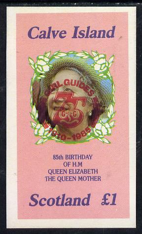 Calve Island 1985 Life & Times of HM Queen Mother imperf souvenir sheet (£1 value) with Girl Guide 75th Anniversary opt in red unmounted mint, stamps on scouts, stamps on royalty, stamps on queen mother