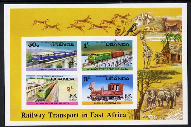 Uganda 1976 Railways imperf m/sheet unmounted mint as SG MS 177, stamps on railways, stamps on animals, stamps on elephants, stamps on giraffes, stamps on 