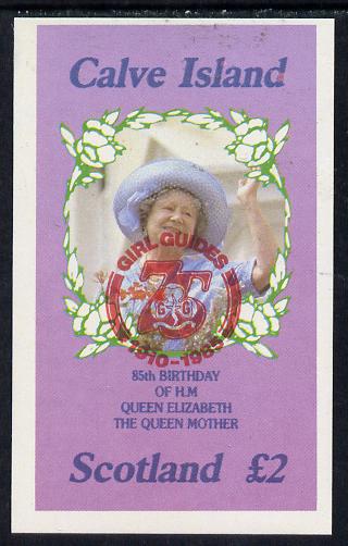 Calve Island 1985 Life & Times of HM Queen Mother imperf deluxe sheet (£2 value) with Girl Guide 75th Anniversary opt in red unmounted mint, stamps on scouts, stamps on royalty, stamps on queen mother
