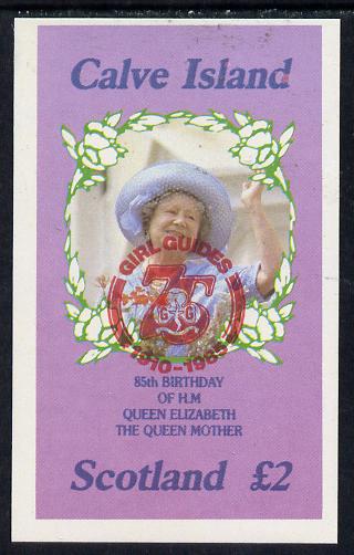 Calve Island 1985 Life & Times of HM Queen Mother imperf deluxe sheet (Â£2 value) with Girl Guide 75th Anniversary opt in red unmounted mint, stamps on , stamps on  stamps on scouts, stamps on  stamps on royalty, stamps on  stamps on queen mother