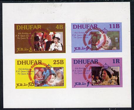 Dhufar 1985 Life & Times of HM Queen Mother imperf set of 4 with Girl Guide 75th Anniversary opt in red unmounted mint, stamps on scouts, stamps on royalty, stamps on queen mother