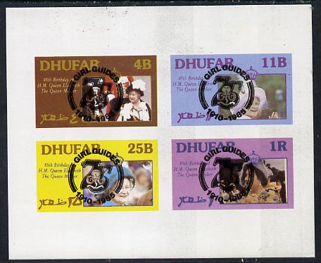 Dhufar 1985 Life & Times of HM Queen Mother imperf set of 4 with Girl Guide 75th Anniversary opt in black unmounted mint, stamps on , stamps on  stamps on scouts, stamps on  stamps on royalty, stamps on  stamps on queen mother