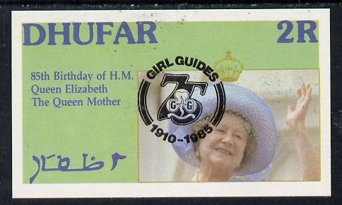 Dhufar 1985 Life & Times of HM Queen Mother imperf souvenir sheet (2R value) with Girl Guide 75th Anniversary opt in black unmounted mint, stamps on , stamps on  stamps on scouts, stamps on  stamps on royalty, stamps on  stamps on queen mother