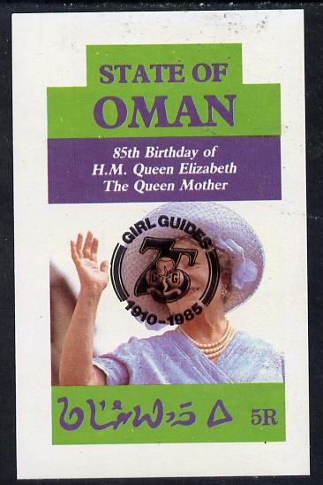 Oman 1985 Life & Times of HM Queen Mother imperf deluxe sheet (5R value) with Girl Guide 75th Anniversary opt in black unmounted mint, stamps on , stamps on  stamps on scouts, stamps on  stamps on royalty, stamps on  stamps on queen mother