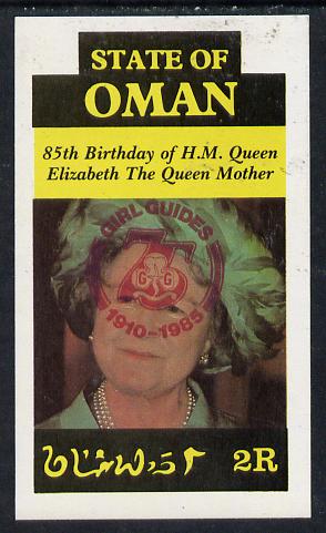 Oman 1985 Life & Times of HM Queen Mother imperf souvenir sheet (2R value) with Girl Guide 75th Anniversary opt in red unmounted mint, stamps on , stamps on  stamps on scouts, stamps on  stamps on royalty, stamps on  stamps on queen mother