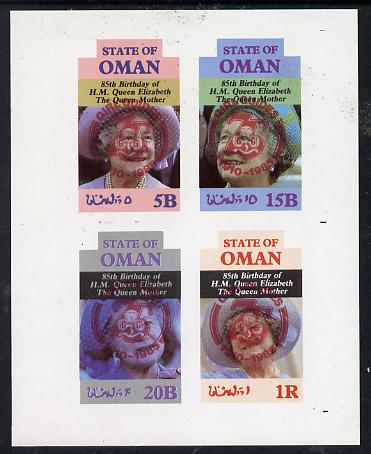Oman 1985 Life & Times of HM Queen Mother imperf set of 4 with Girl Guide 75th Anniversary opt in red unmounted mint, stamps on scouts, stamps on royalty, stamps on queen mother