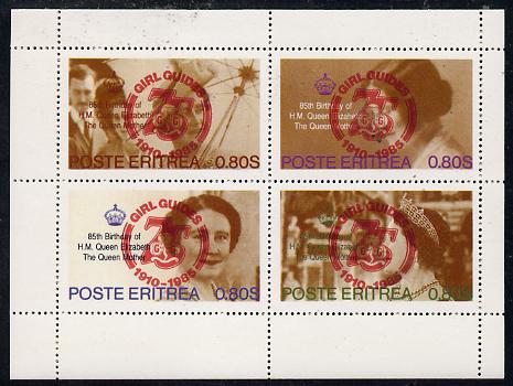 Eritrea 1985 Life & Times of HM Queen Mother perf set of 4 with Girl Guide 75th Anniversary opt in red, stamps on , stamps on  stamps on scouts, stamps on  stamps on royalty, stamps on  stamps on queen mother