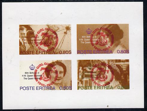 Eritrea 1985 Life & Times of HM Queen Mother imperf set of 4 with Girl Guide 75th Anniversary opt in red unmounted mint, stamps on , stamps on  stamps on scouts, stamps on  stamps on royalty, stamps on  stamps on queen mother