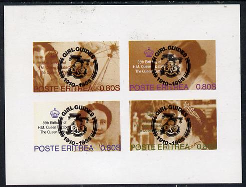 Eritrea 1985 Life & Times of HM Queen Mother imperf set of 4 with Girl Guide 75th Anniversary opt in black, stamps on , stamps on  stamps on scouts, stamps on  stamps on royalty, stamps on  stamps on queen mother