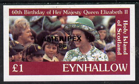 Eynhallow 1986 Queen's 60th Birthday imperf souvenir sheet (£1 value with Cub-Scouts in crowd) with AMERIPEX opt in black unmounted mint, stamps on scouts, stamps on royalty, stamps on 60th birthday, stamps on stamp exhibitions