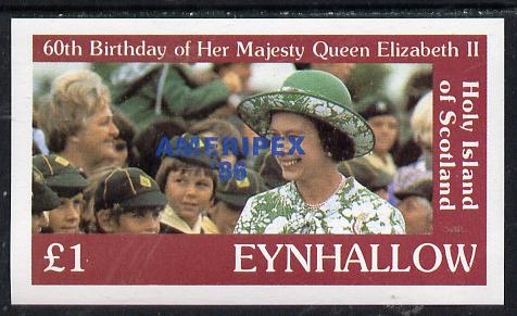 Eynhallow 1986 Queen's 60th Birthday imperf souvenir sheet (Â£1 value with Cub-Scouts in crowd) with AMERIPEX opt in blue unmounted mint, stamps on scouts, stamps on royalty, stamps on 60th birthday, stamps on stamp exhibitions