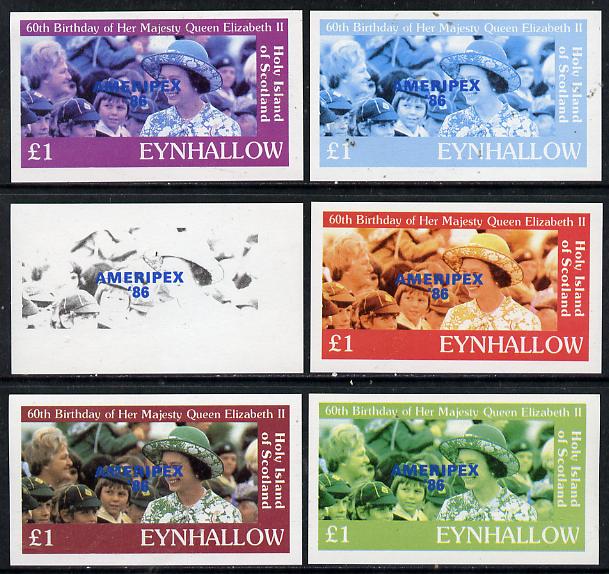 Eynhallow 1986 Queen's 60th Birthday imperf souvenir sheet (A31 value with Cub-Scouts in crowd) with AMERIPEX opt in blue set of 6 progressive proofs comprising single & composite combinations incl completed design unmounted mint, stamps on , stamps on  stamps on scouts, stamps on  stamps on royalty, stamps on  stamps on 60th birthday, stamps on  stamps on stamp exhibitions